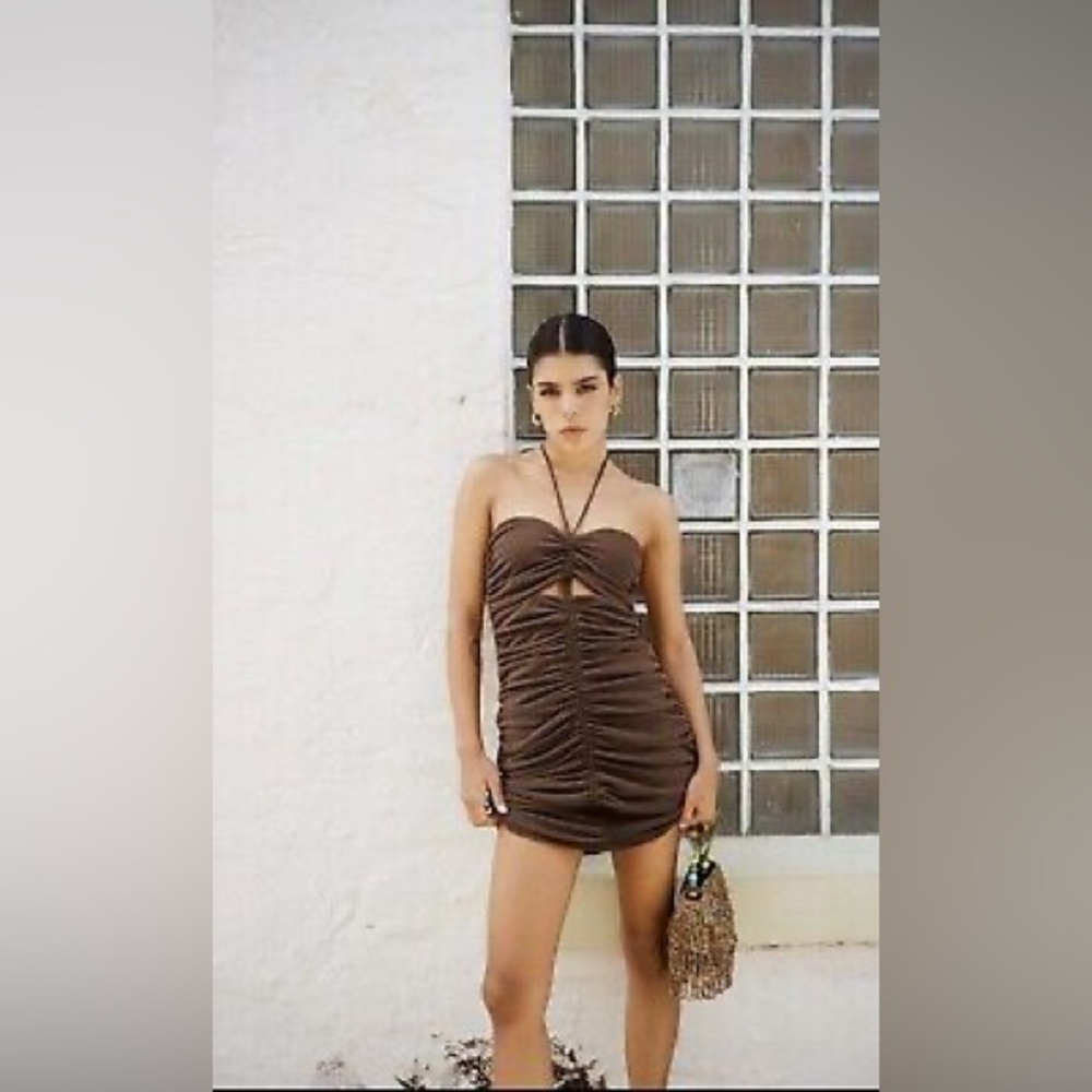 Zara Brown Ruched Halter strap Dress